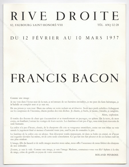 Francis BACON. Paris, Galerie Rive Droite, 1957.