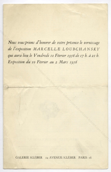 Marcelle LOUBCHANSKY. Paris, Galerie Klber, 1956.