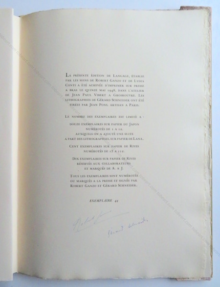 Gérard SCHNEIDER - Robert Ganzo. Langage. Paris, Lydia Conti, 1948.