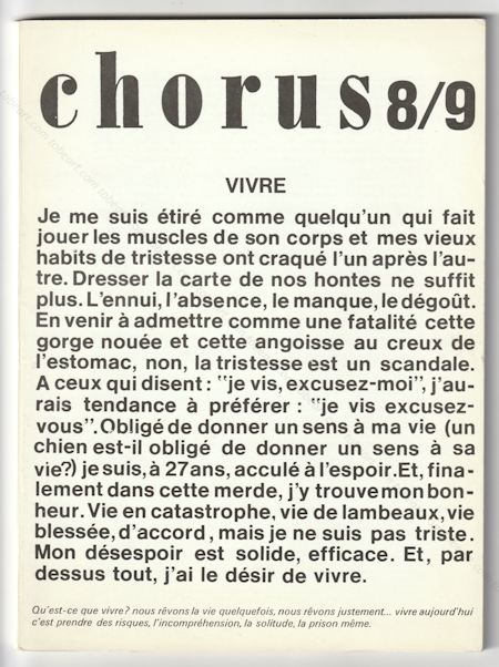 CHORUS 8/9. Vivre. Paris, Revue Chorus, septembre 1972.